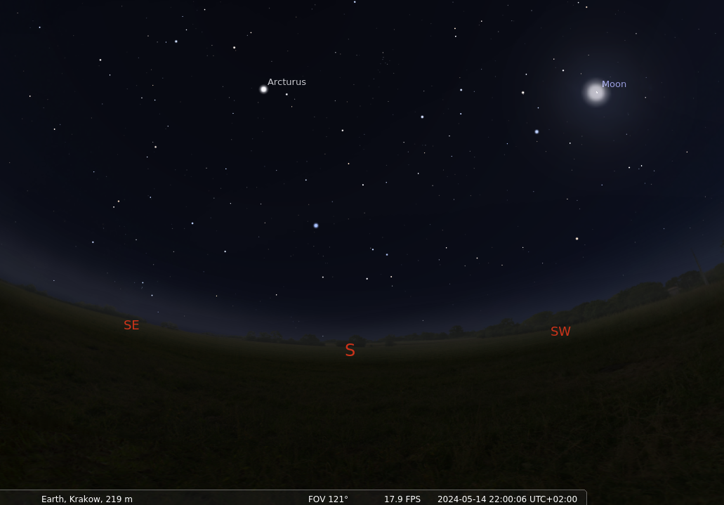 Mapka z programu Stellarium: widok nocnego majowego nieba 2024 r. nad Krakowem.